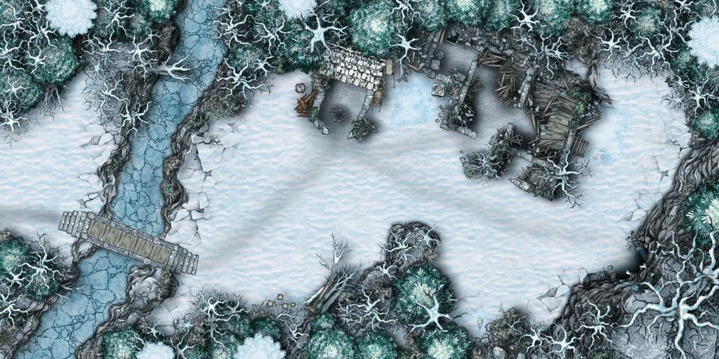 Winter & snow battlemap - ruins by an abandoned mine.