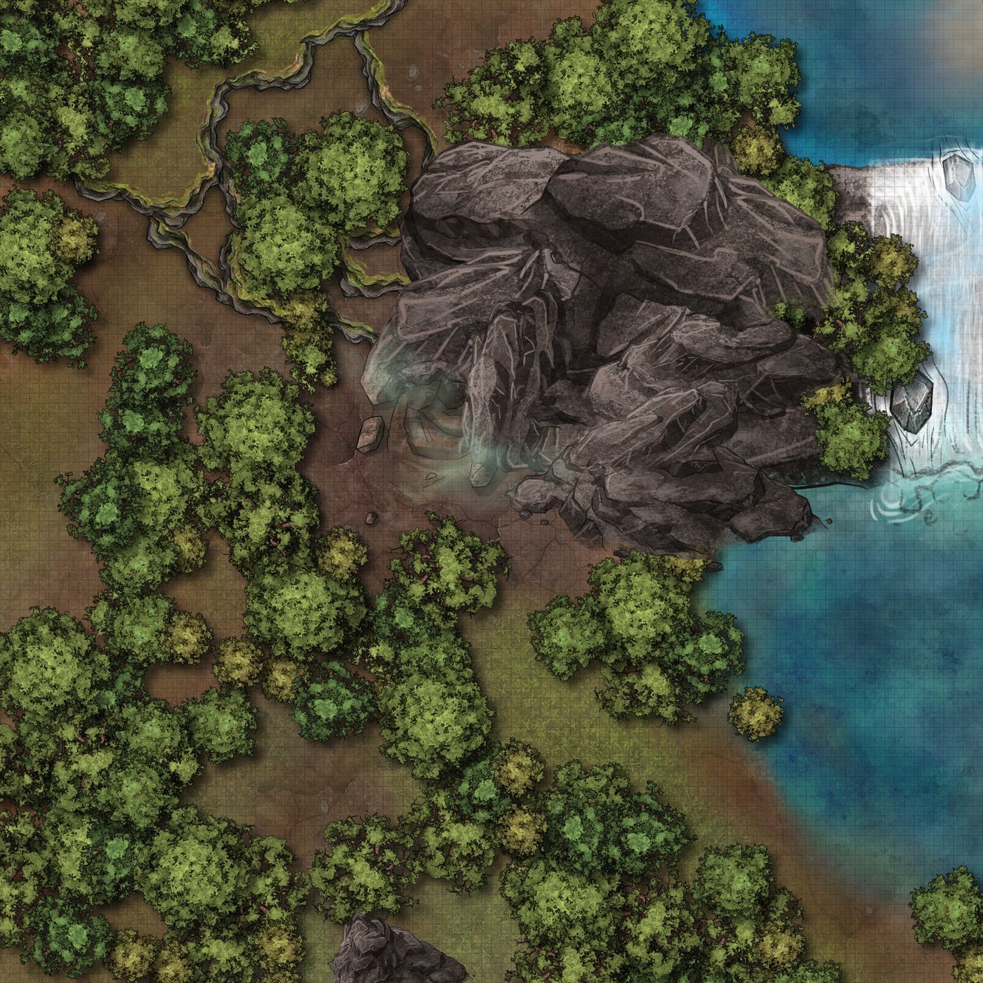 forest cave with waterfall