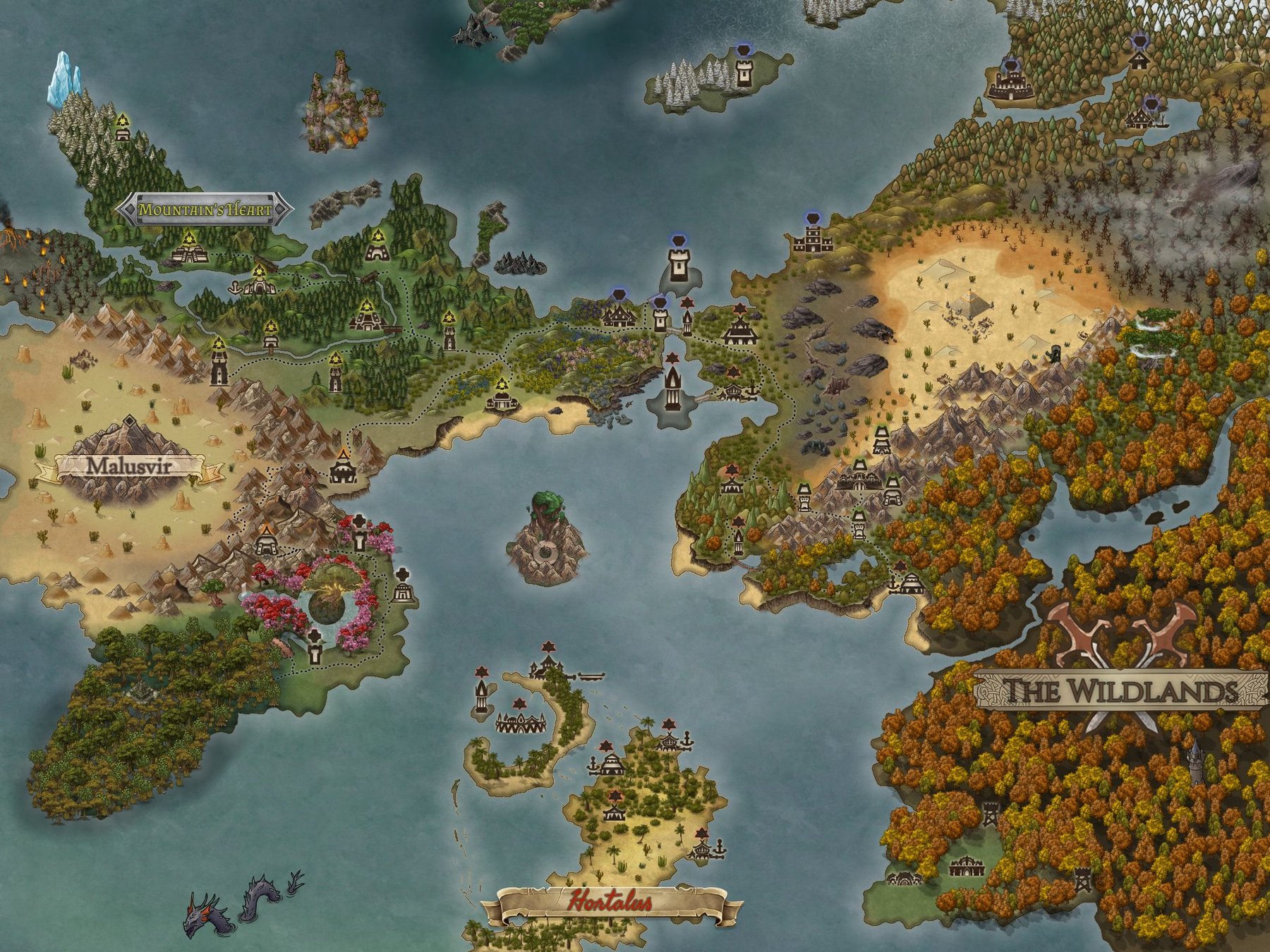Hortalian Empire, The Northern Kingdom, The Alliance of the Mountain's Heart, and the Wildlands