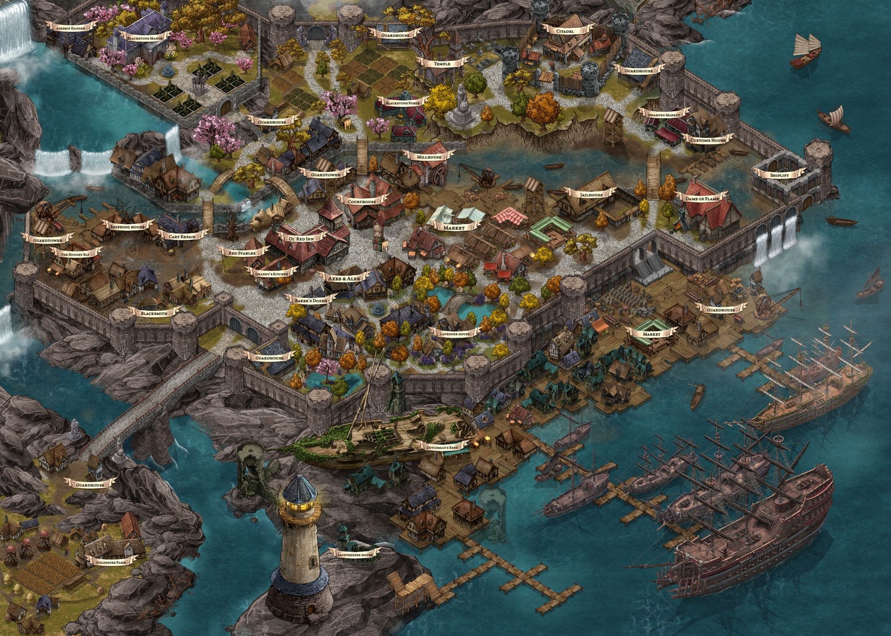 Blackstone Harbor -
Coastal Town with Docks (Labeled & Named)