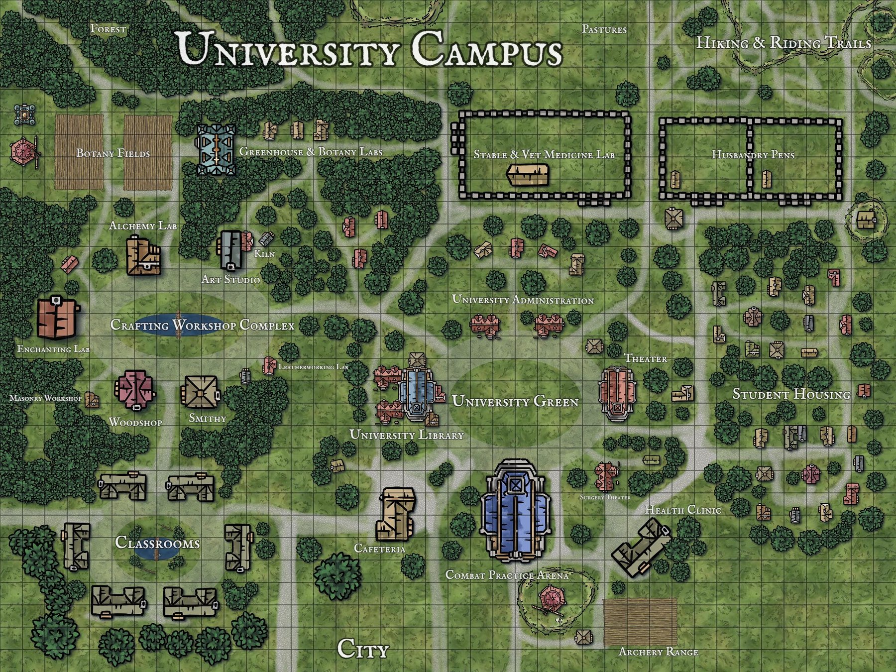 Fantasy University Campus Map - with labels