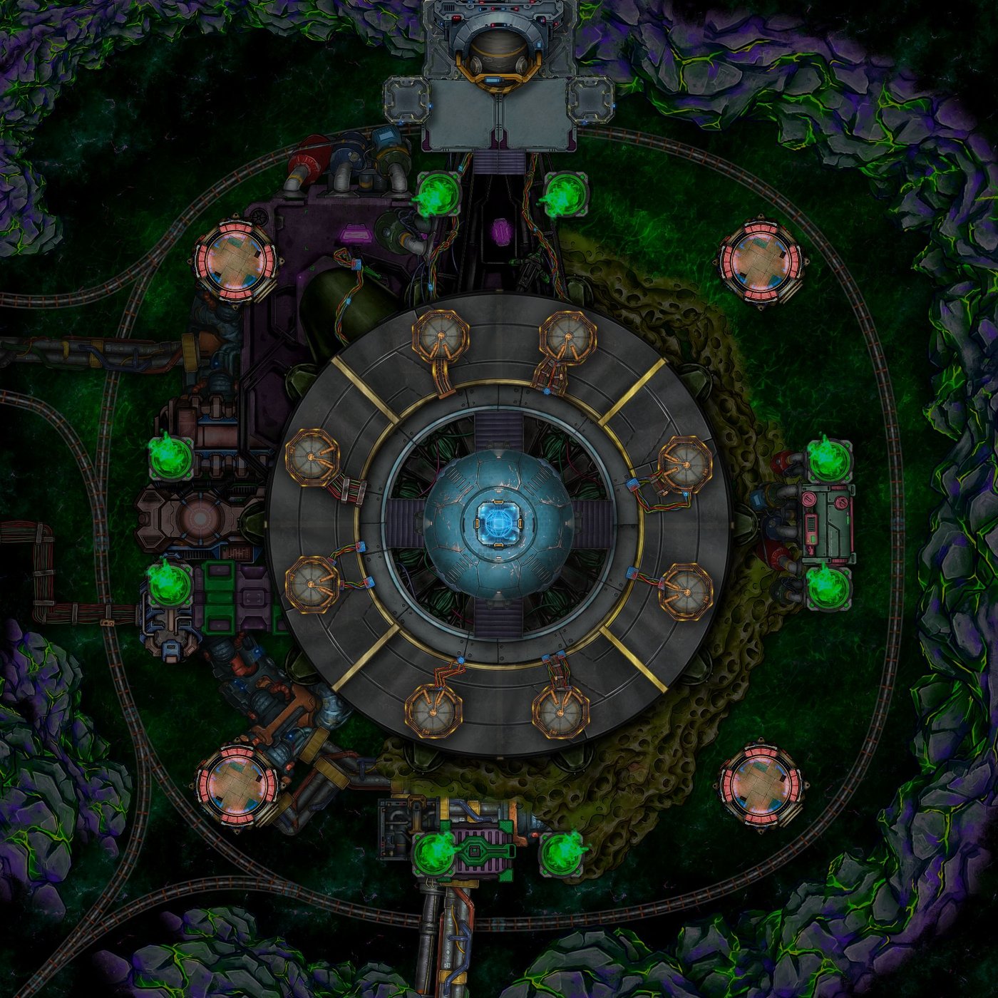 Distribution hub, turret platforms retracted