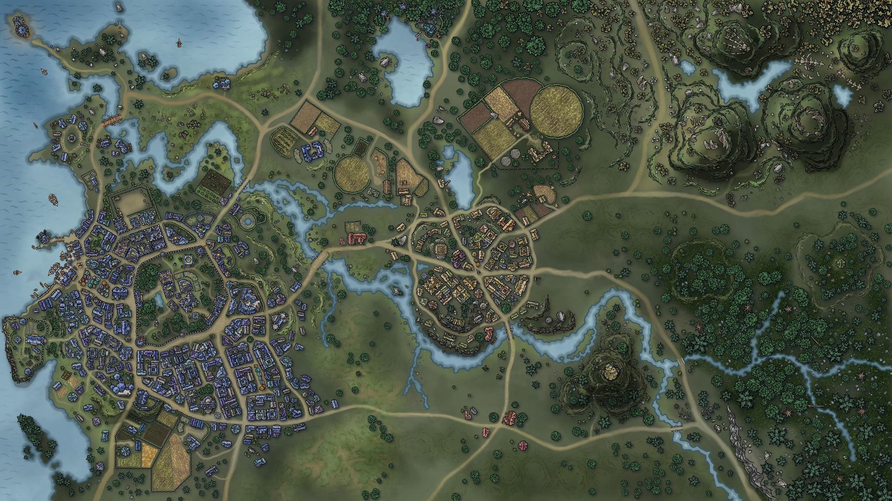 City and Village with River