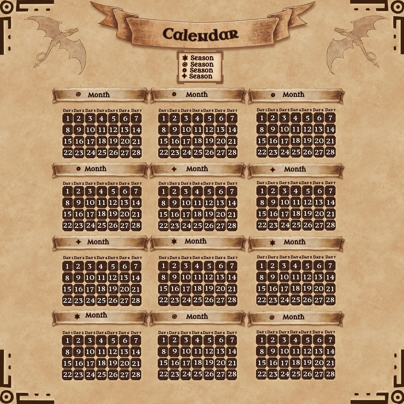 Fantasy Calendar Template (12 Months)