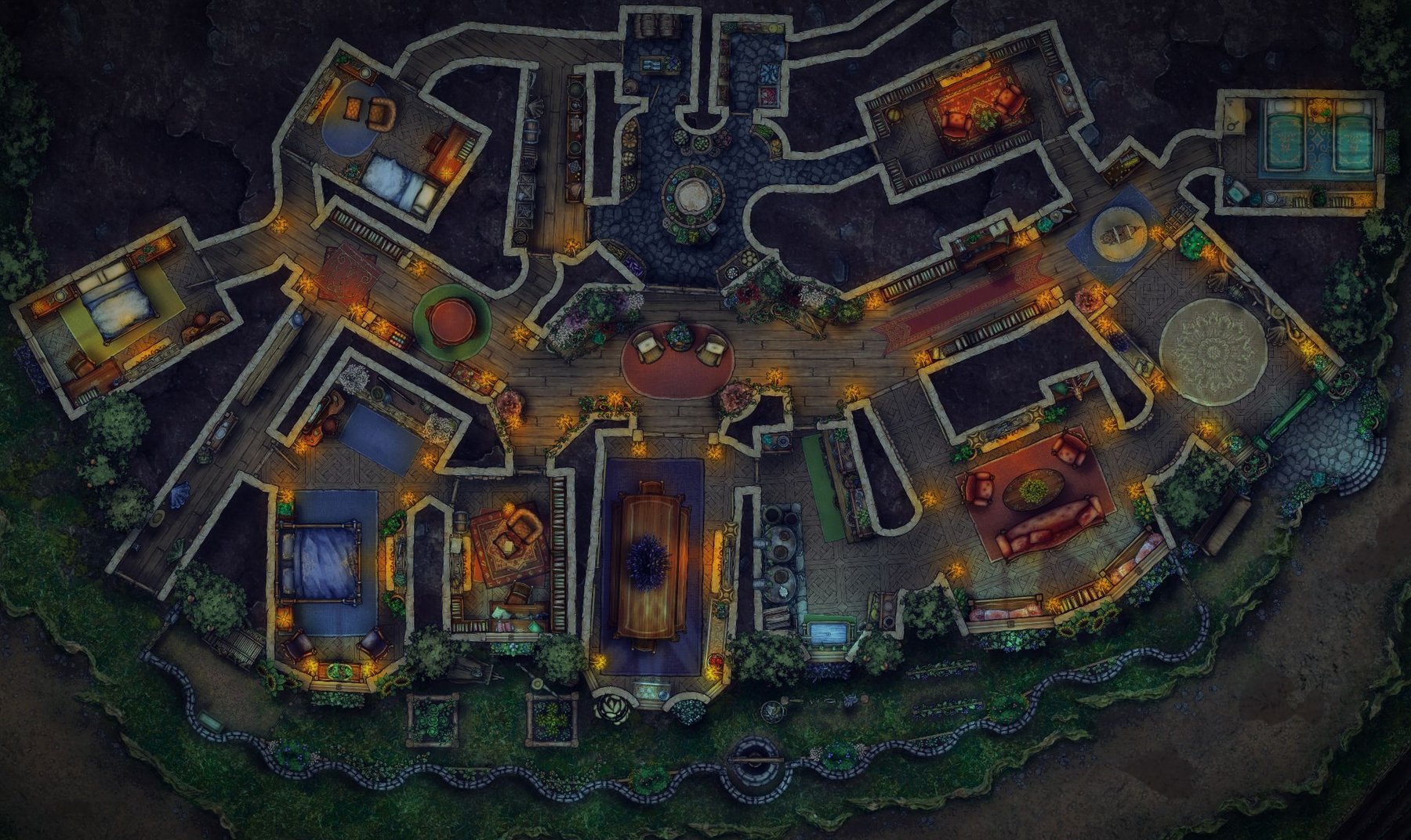 Night in the Halfling Hill House / Hobbit Hole / Bed and Breakfast / B&B for D&D / Nighttime / Dark