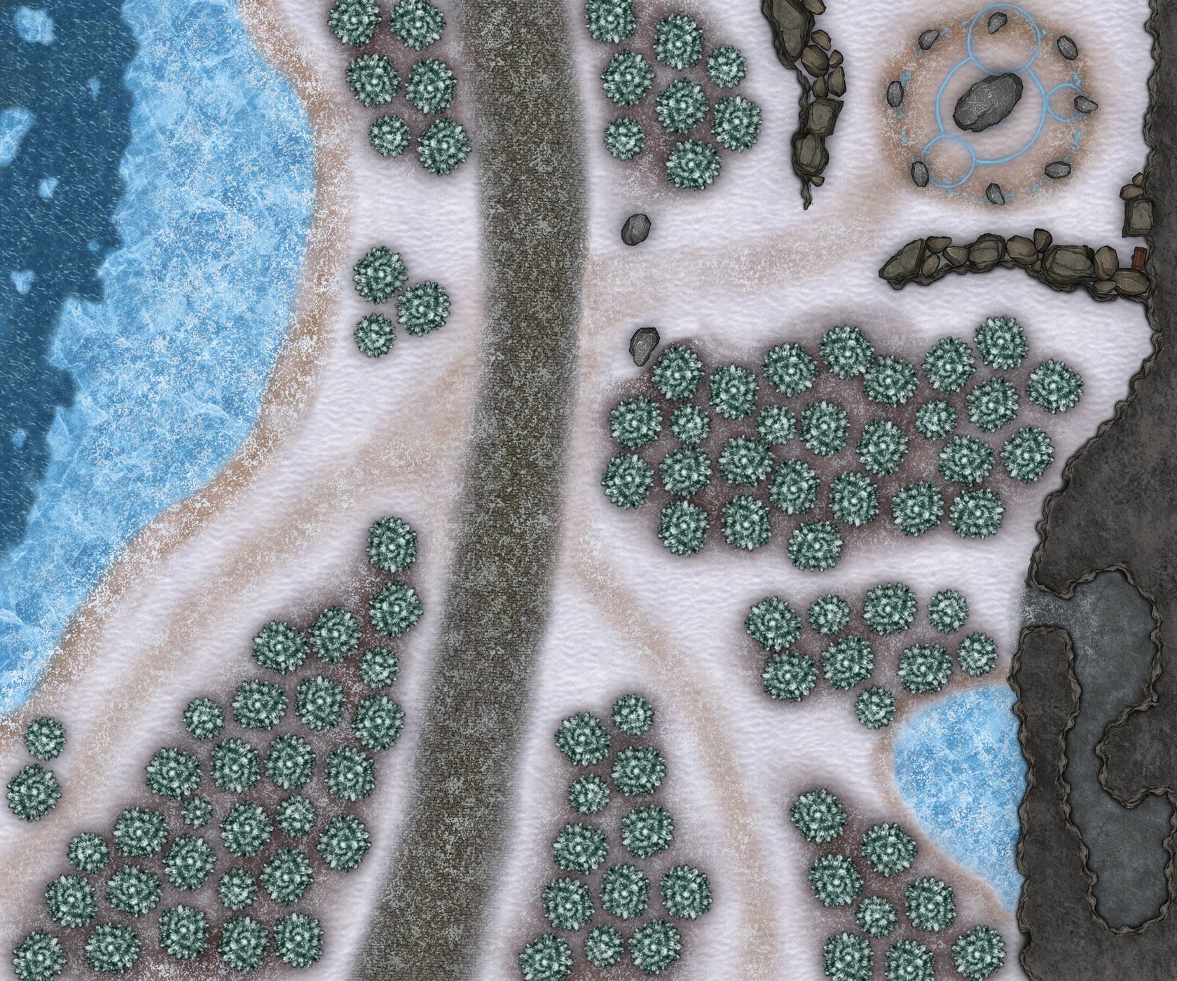 Snow covered road with Rune stone circle