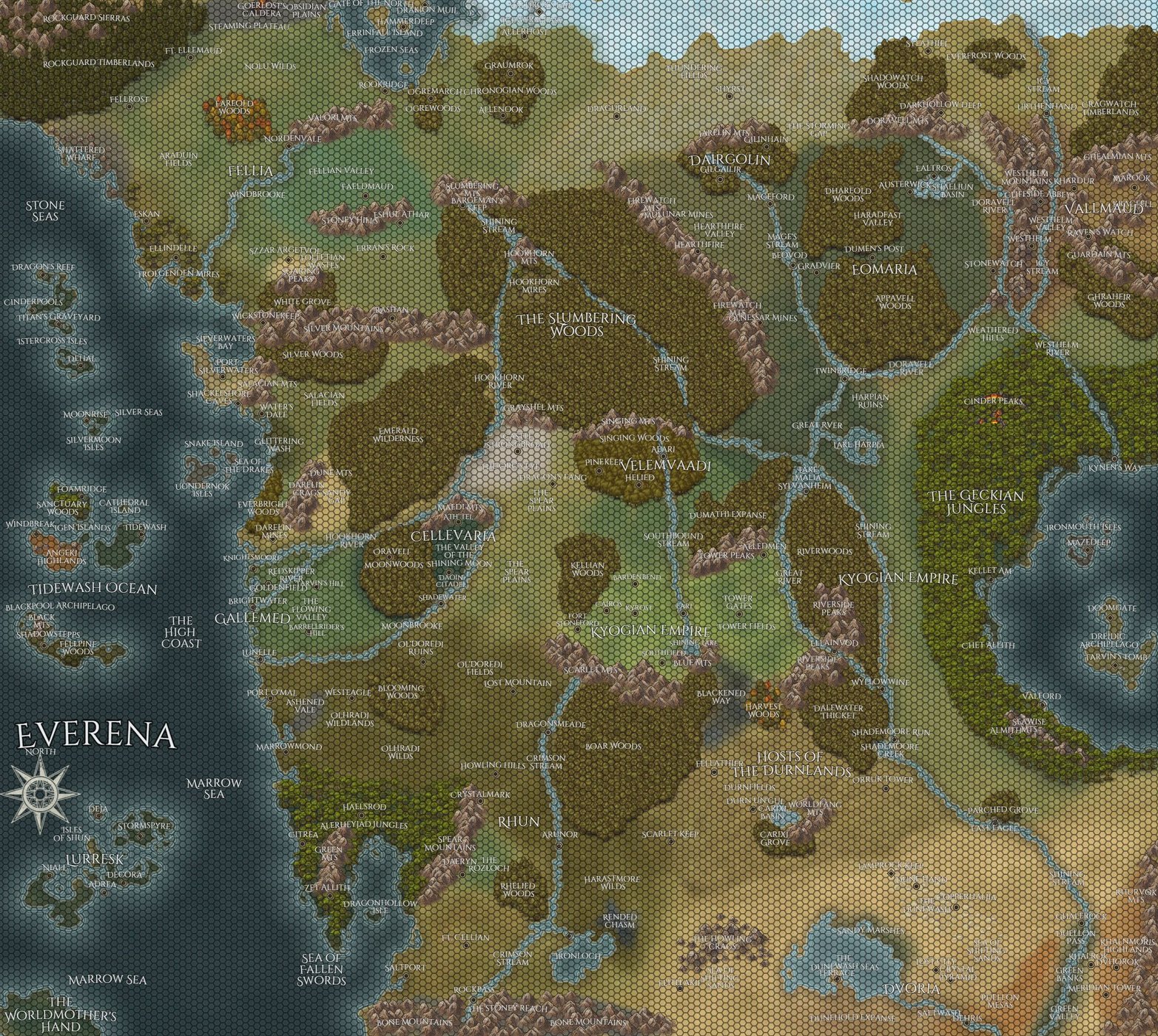 Everena World Map With a Grid